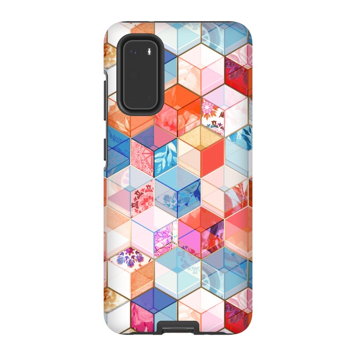 Galaxy S20 StrongFit Coral, Cream and Cobalt Kaleidoscope Cubes by Micklyn Le Feuvre