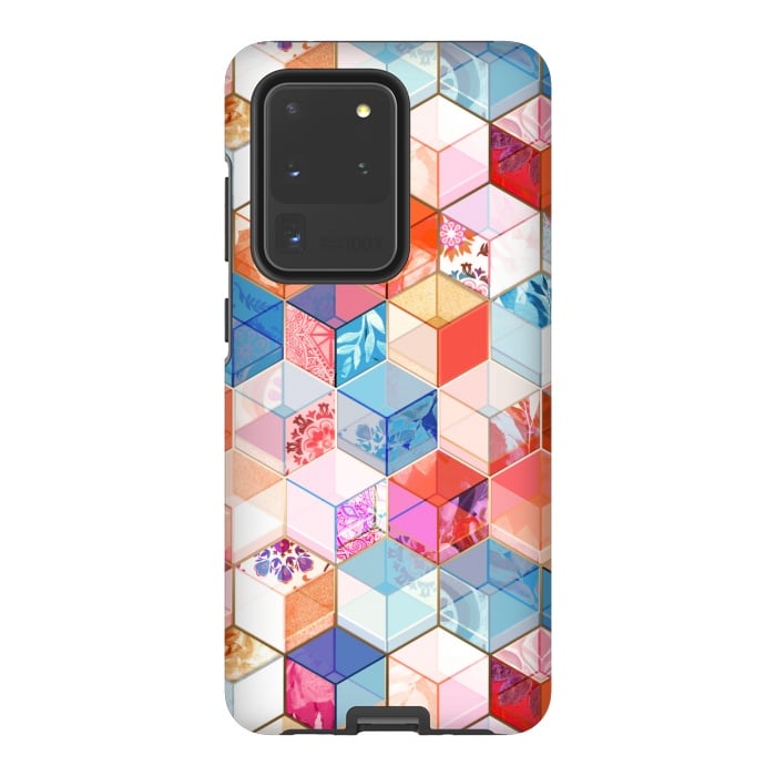 Galaxy S20 Ultra StrongFit Coral, Cream and Cobalt Kaleidoscope Cubes by Micklyn Le Feuvre