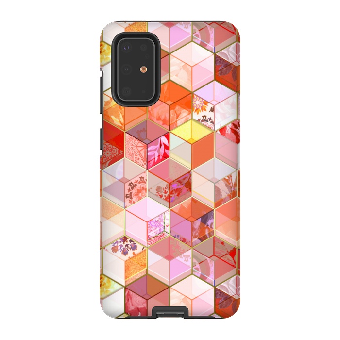 Galaxy S20 Plus StrongFit Gold and Garnet Kaleidoscope Cubes by Micklyn Le Feuvre