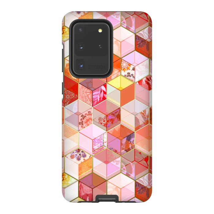 Galaxy S20 Ultra StrongFit Gold and Garnet Kaleidoscope Cubes by Micklyn Le Feuvre