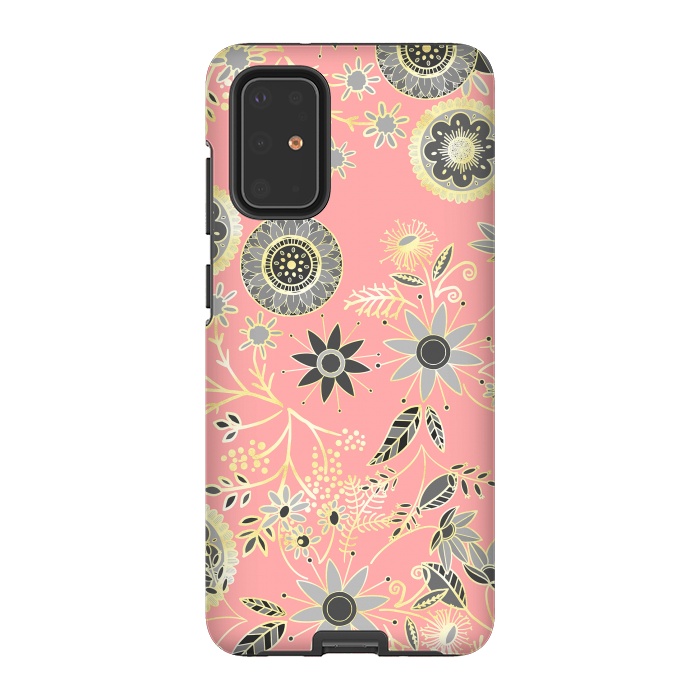Galaxy S20 Plus StrongFit Elegant Gray and Pink Folk Floral Golden Design by InovArts