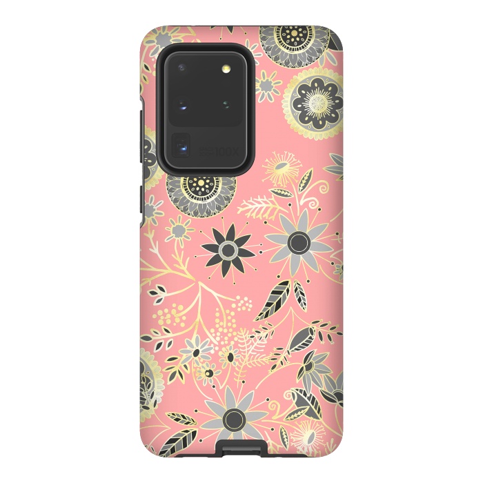 Galaxy S20 Ultra StrongFit Elegant Gray and Pink Folk Floral Golden Design by InovArts