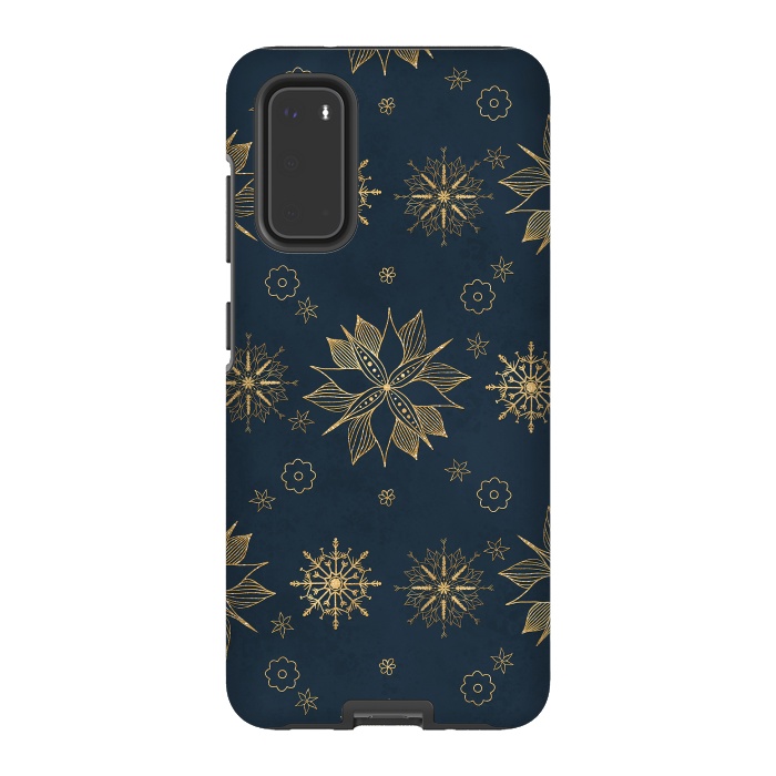 Galaxy S20 StrongFit Elegant Gold Blue Poinsettias Snowflakes Pattern by InovArts