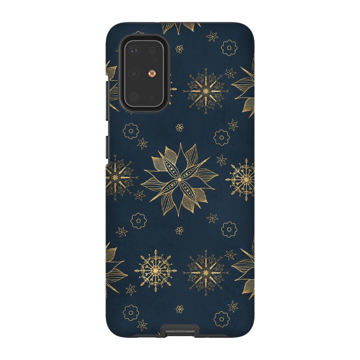 Galaxy S20 Plus StrongFit Elegant Gold Blue Poinsettias Snowflakes Pattern by InovArts