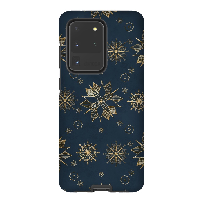 Galaxy S20 Ultra StrongFit Elegant Gold Blue Poinsettias Snowflakes Pattern by InovArts