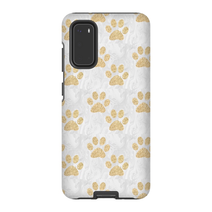 Galaxy S20 StrongFit Gold Paw Prints on Marble by Julie Erin Designs