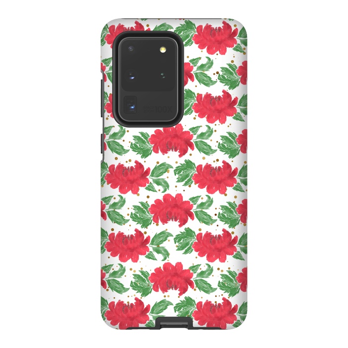 Galaxy S20 Ultra StrongFit Watercolor Winter Red Flowers Gold Dots Artwork by InovArts