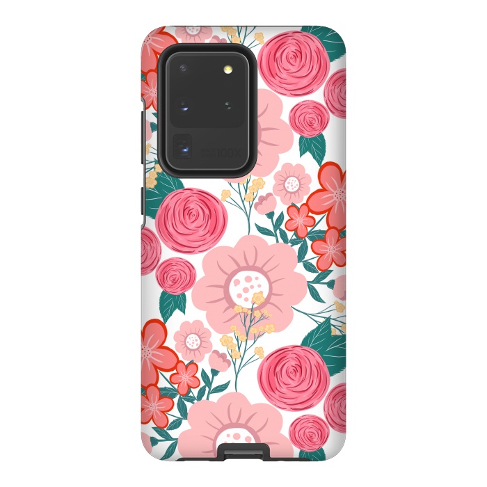 Galaxy S20 Ultra StrongFit Cute girly pink Hand Drawn Flowers design by InovArts