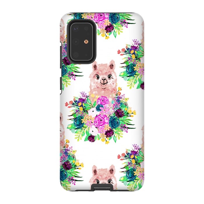 Galaxy S20 Plus StrongFit Cute Pink Alpaca and Flowers Watercolor paint by InovArts