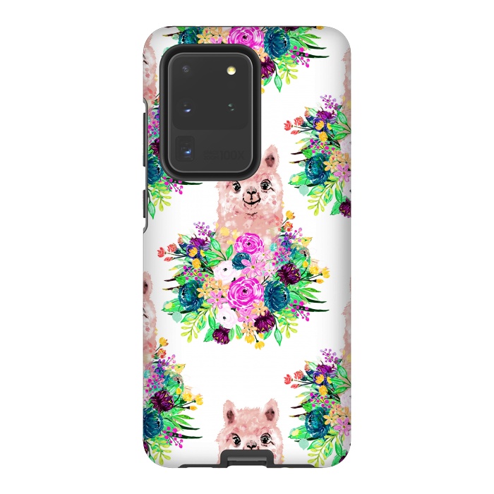 Galaxy S20 Ultra StrongFit Cute Pink Alpaca and Flowers Watercolor paint by InovArts