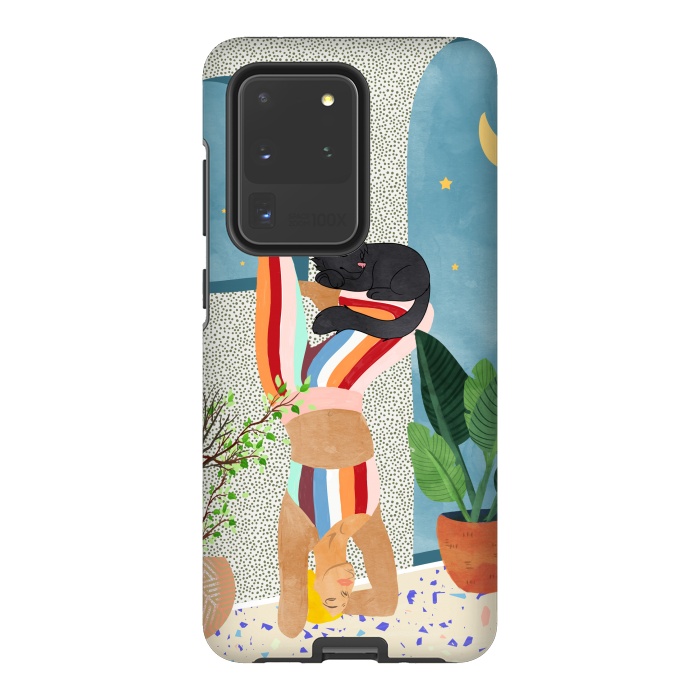 Galaxy S20 Ultra StrongFit Headstand, Cat Yoga, Active Woman Workout, Eclectic Colorful Pets Terrazzo by Uma Prabhakar Gokhale