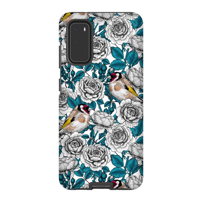 Galaxy S20 StrongFit White rose flowers and goldfinch birds by Katerina Kirilova