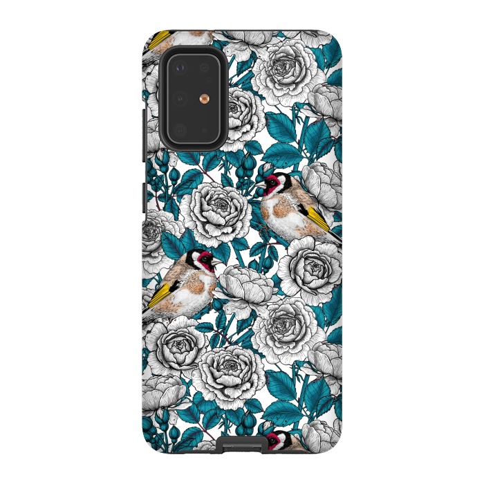 Galaxy S20 Plus StrongFit White rose flowers and goldfinch birds by Katerina Kirilova