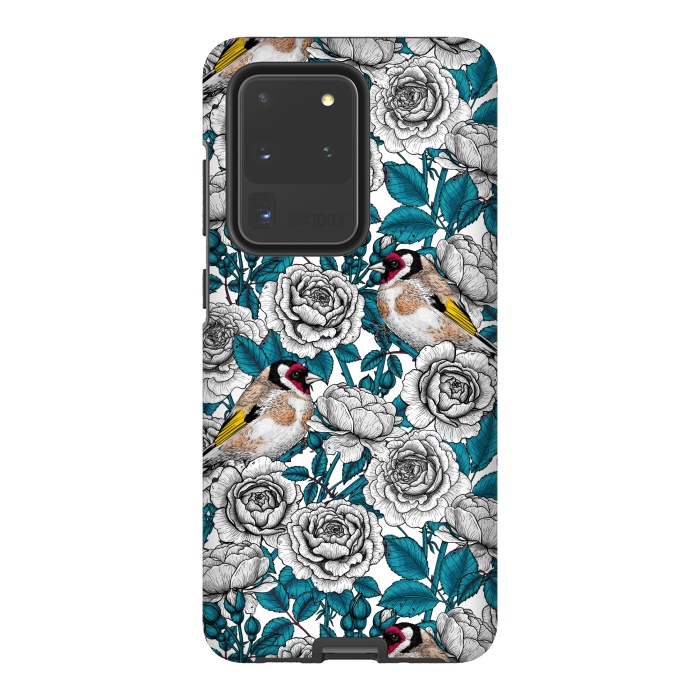 Galaxy S20 Ultra StrongFit White rose flowers and goldfinch birds by Katerina Kirilova