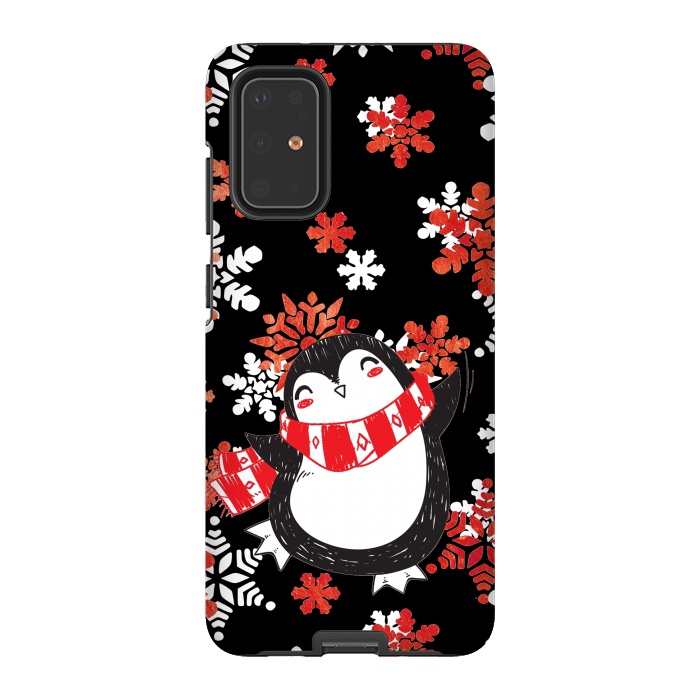 Galaxy S20 Plus StrongFit Cute penguin and winter snowflakes Jolly Christmas illustration by Oana 
