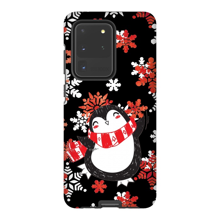 Galaxy S20 Ultra StrongFit Cute penguin and winter snowflakes Jolly Christmas illustration by Oana 