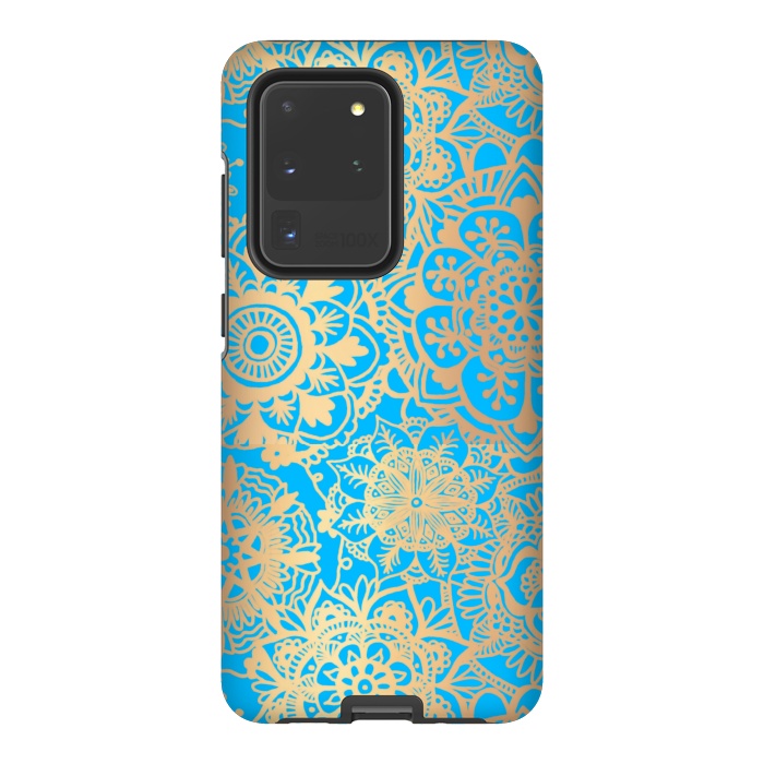 Galaxy S20 Ultra StrongFit Light Blue and Gold Mandala Pattern by Julie Erin Designs