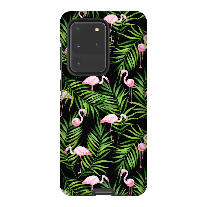 Galaxy S20 Ultra StrongFit Pink flamingo ang palm leaves by Julia Badeeva