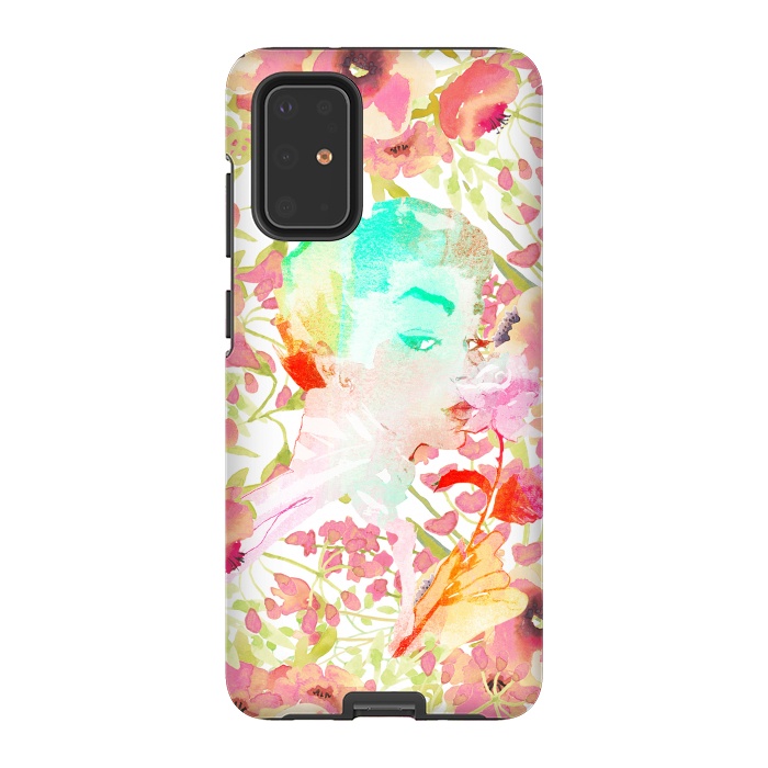 Galaxy S20 Plus StrongFit Woman with pink roses watercolor illustration by Oana 