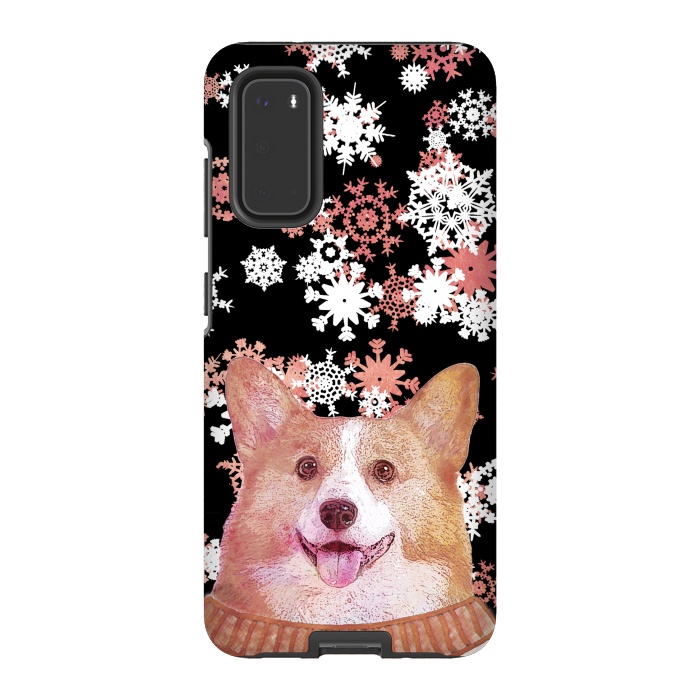 Galaxy S20 StrongFit Cute corgi and white rose gold snowflakes by Oana 