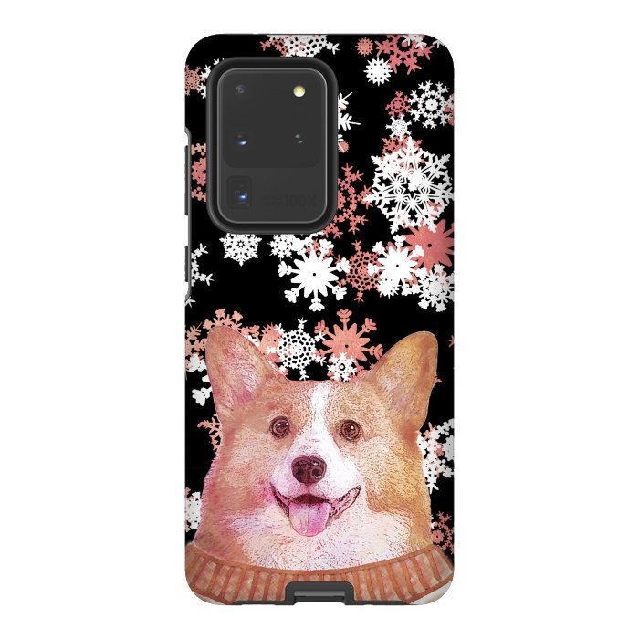 Galaxy S20 Ultra StrongFit Cute corgi and white rose gold snowflakes by Oana 