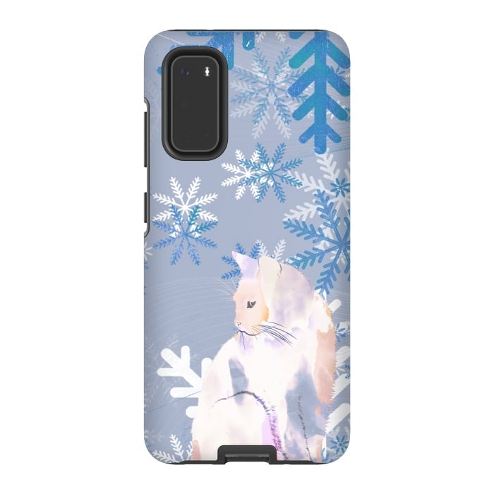 Galaxy S20 StrongFit Cat and metallic blue snowflakes watercolor illustration by Oana 
