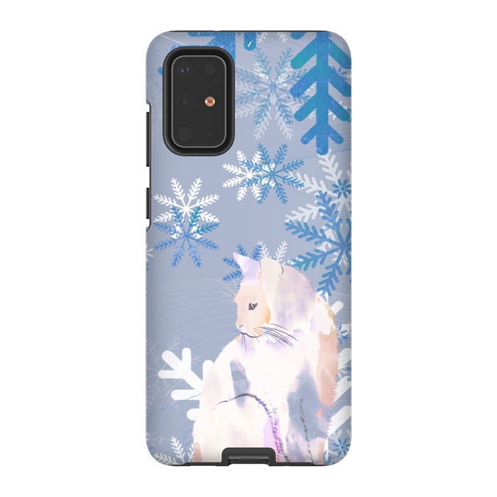 Galaxy S20 Plus StrongFit Cat and metallic blue snowflakes watercolor illustration by Oana 