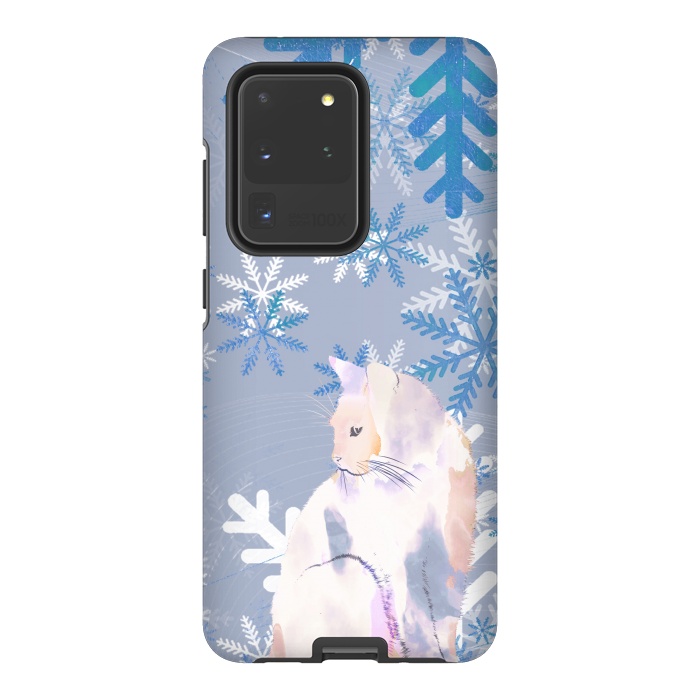 Galaxy S20 Ultra StrongFit Cat and metallic blue snowflakes watercolor illustration by Oana 