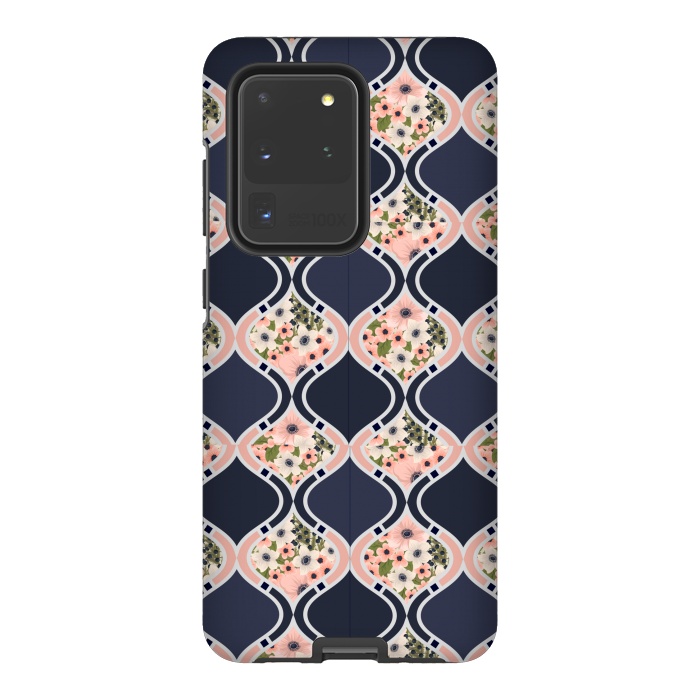 Galaxy S20 Ultra StrongFit blue peach floral print by MALLIKA