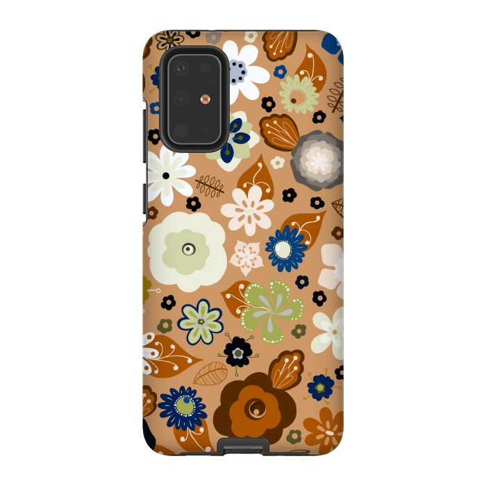 Galaxy S20 Plus StrongFit Kitsch 70s Flowers in Classic Blue and Brown by Paula Ohreen
