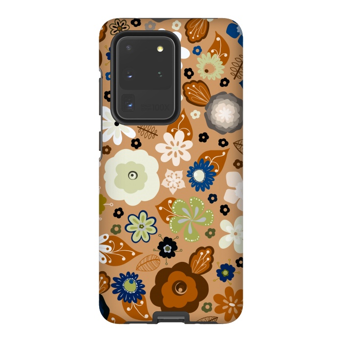Galaxy S20 Ultra StrongFit Kitsch 70s Flowers in Classic Blue and Brown by Paula Ohreen