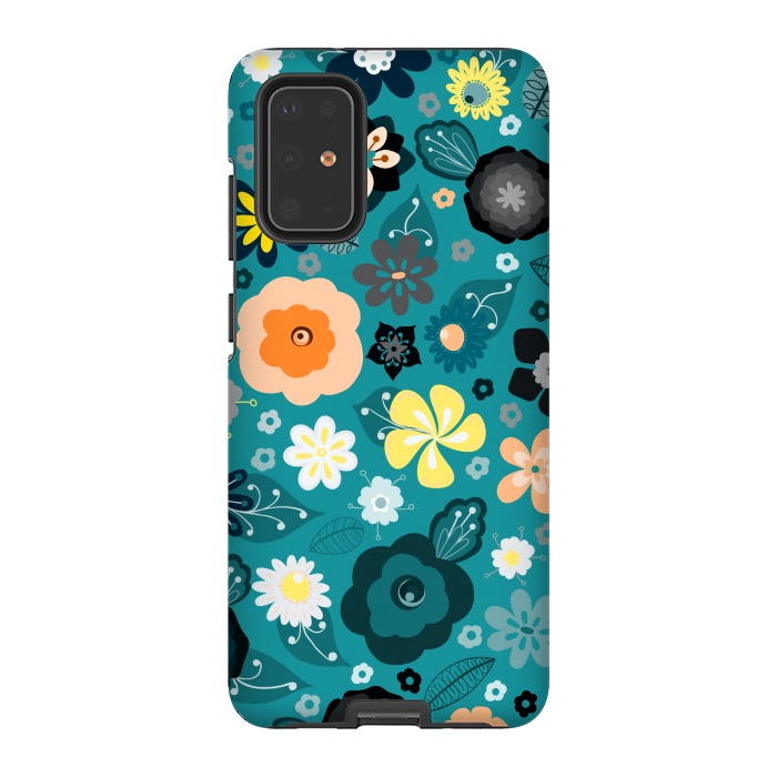 Galaxy S20 Plus StrongFit Kitsch 70s Flowers in Classic Blue and Yellow by Paula Ohreen