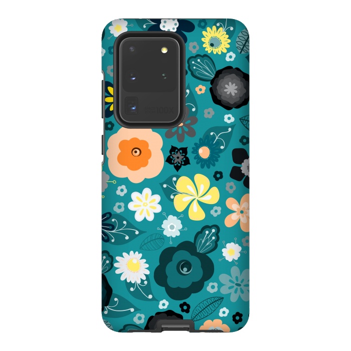 Galaxy S20 Ultra StrongFit Kitsch 70s Flowers in Classic Blue and Yellow by Paula Ohreen