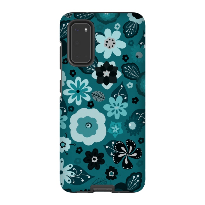 Galaxy S20 StrongFit Kitsch 70s Flowers in Monochrome Classic Blue by Paula Ohreen
