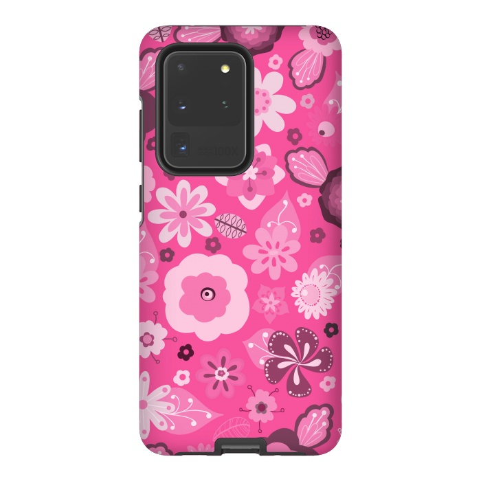 Galaxy S20 Ultra StrongFit Kitsch 70s Flowers in Bright Pink Hues by Paula Ohreen