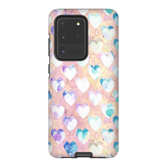 Galaxy S20 Ultra StrongFit Pastel painted hearts on pink marble Valentine by Oana 
