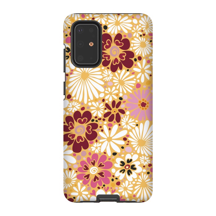 Galaxy S20 Plus StrongFit 70s Valentine Flowers in Pink, Cream and Yellow by Paula Ohreen