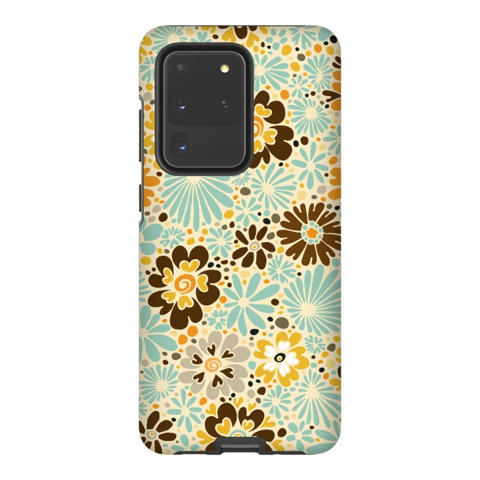 Galaxy S20 Ultra StrongFit 70s Valentine Flowers in Orange, Brown and Blue by Paula Ohreen
