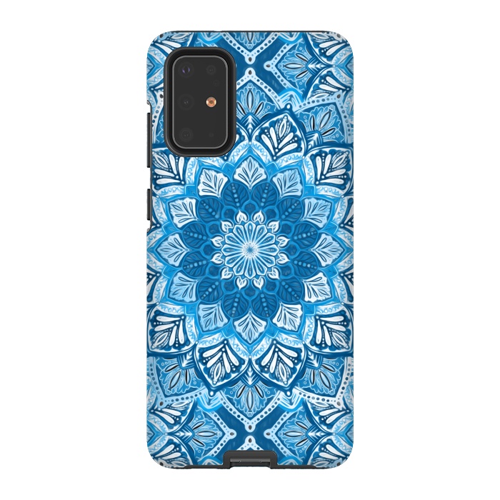 Galaxy S20 Plus StrongFit Boho Mandala in Monochrome Blue and White by Micklyn Le Feuvre