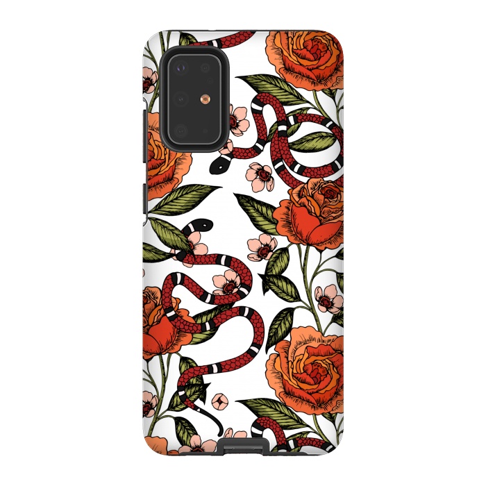 Galaxy S20 Plus StrongFit Roses and snake. White pattern by Julia Badeeva