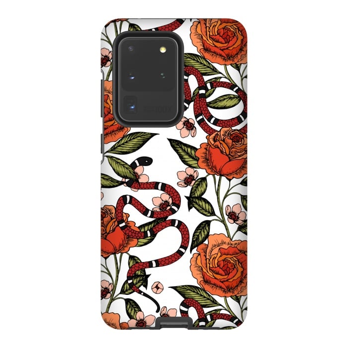 Galaxy S20 Ultra StrongFit Roses and snake. White pattern by Julia Badeeva
