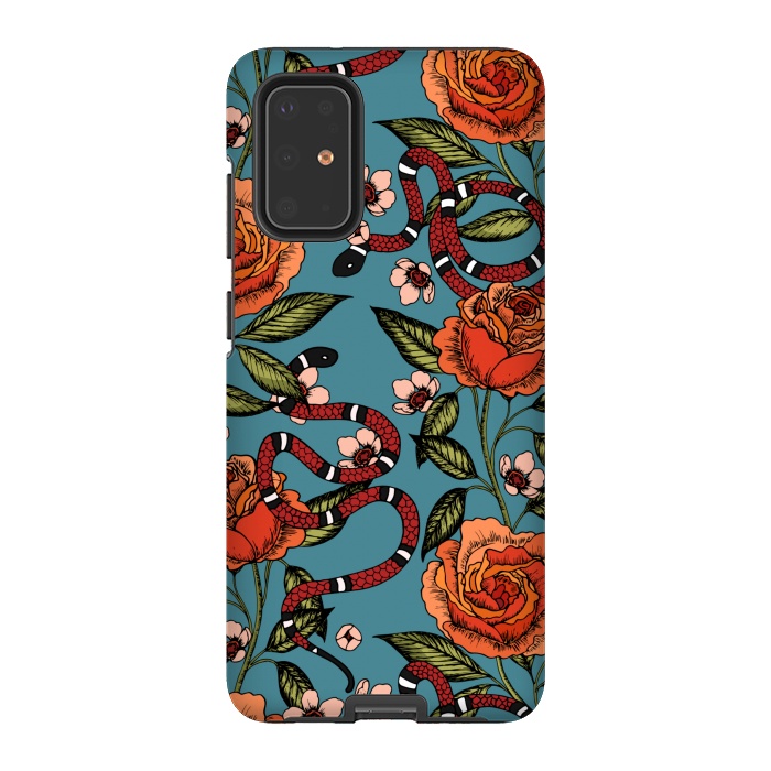 Galaxy S20 Plus StrongFit Roses and snake. Blue pattern by Julia Badeeva