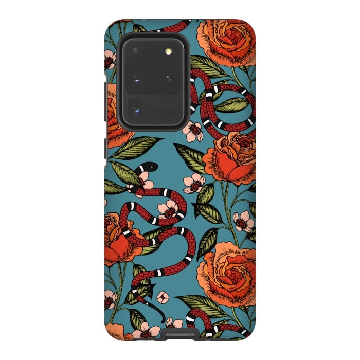 Galaxy S20 Ultra StrongFit Roses and snake. Blue pattern by Julia Badeeva