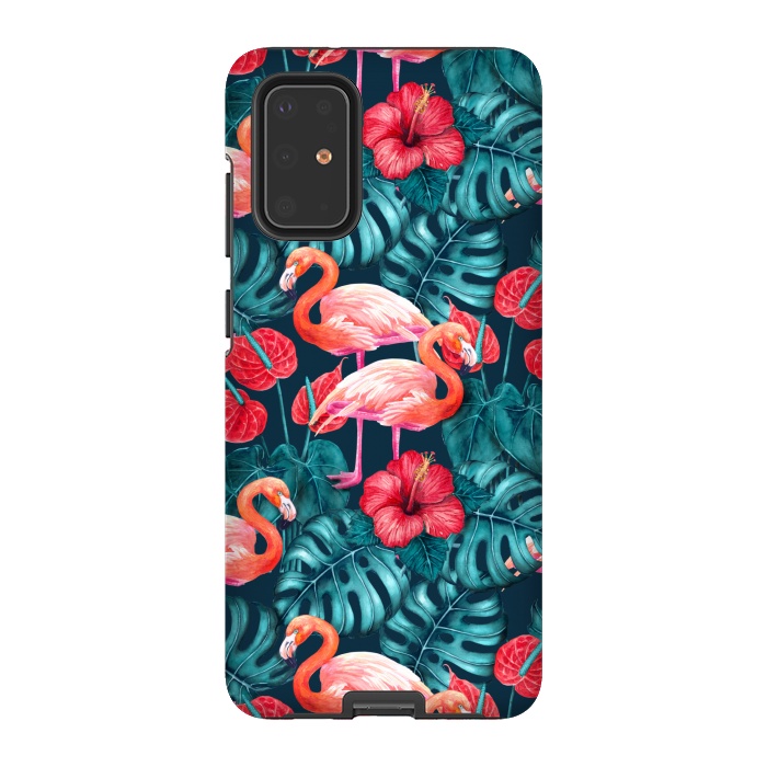 Galaxy S20 Plus StrongFit Flamingo birds and tropical garden watercolor by Katerina Kirilova