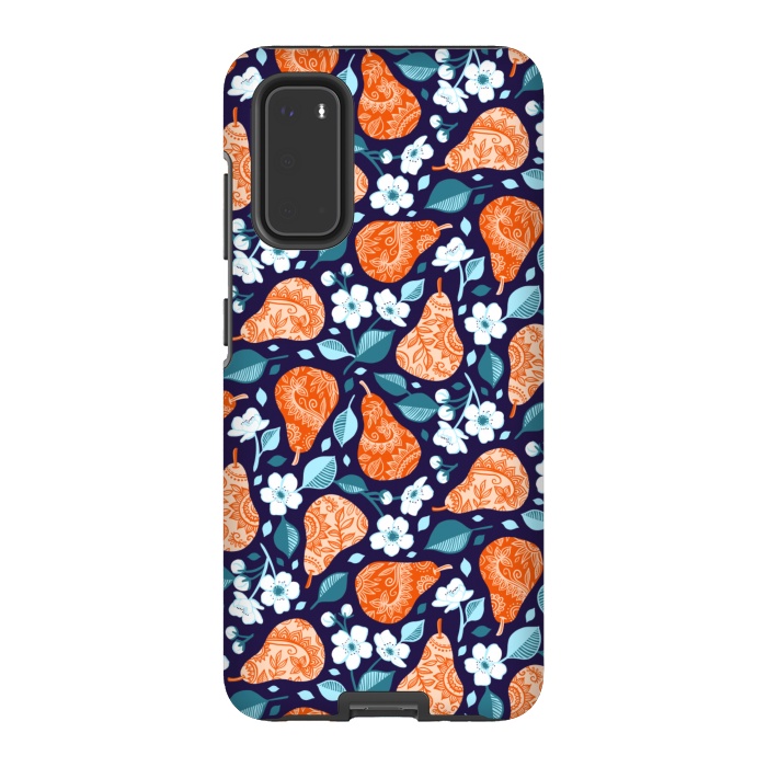 Galaxy S20 StrongFit Cheerful Pears in Orange on Navy Blue by Micklyn Le Feuvre