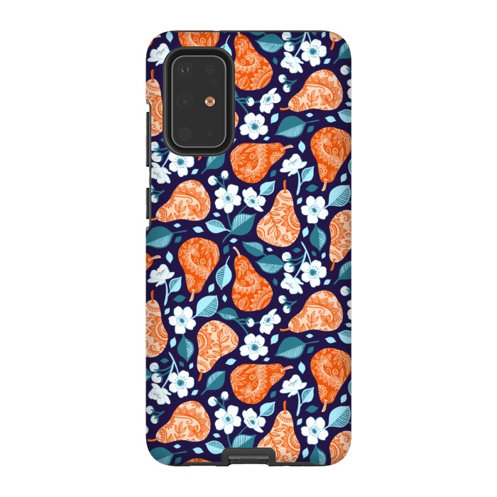 Galaxy S20 Plus StrongFit Cheerful Pears in Orange on Navy Blue by Micklyn Le Feuvre
