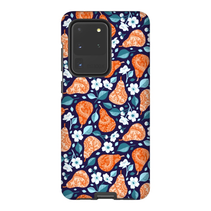 Galaxy S20 Ultra StrongFit Cheerful Pears in Orange on Navy Blue by Micklyn Le Feuvre