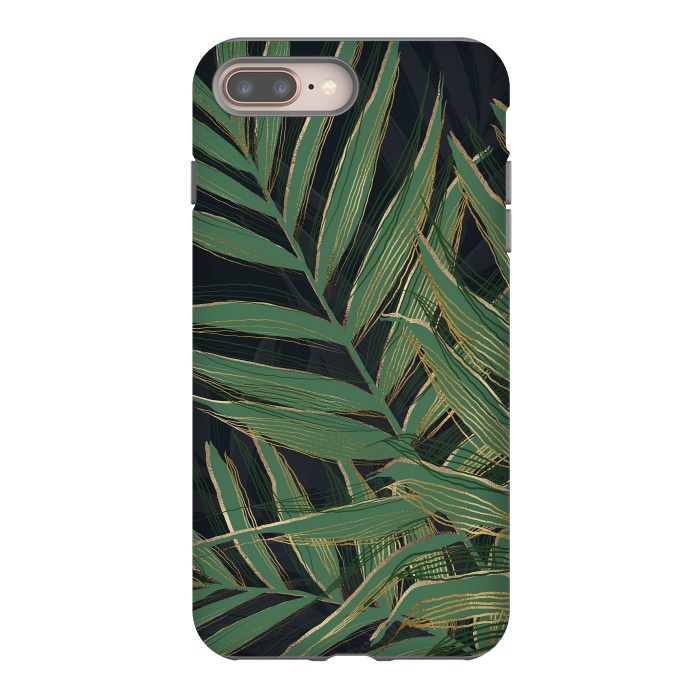 iPhone 7 plus StrongFit Trendy Green Palm Leaves Gold Strokes Gray Design by InovArts