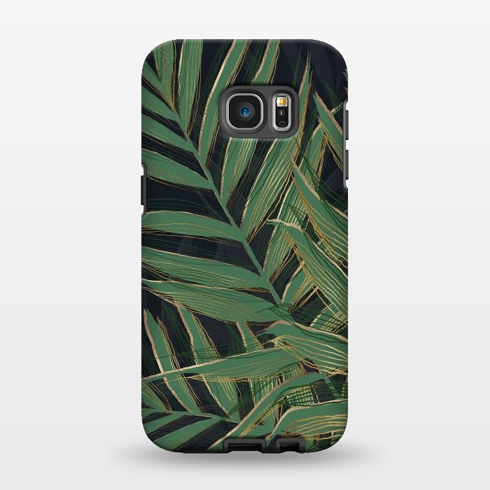 Galaxy S7 EDGE StrongFit Trendy Green Palm Leaves Gold Strokes Gray Design by InovArts