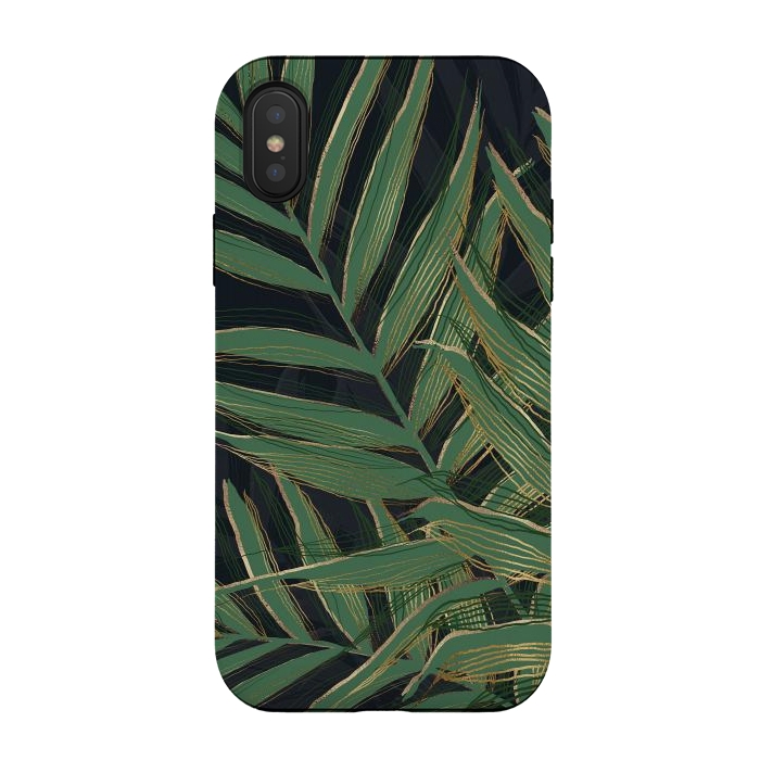 iPhone Xs / X StrongFit Trendy Green Palm Leaves Gold Strokes Gray Design by InovArts